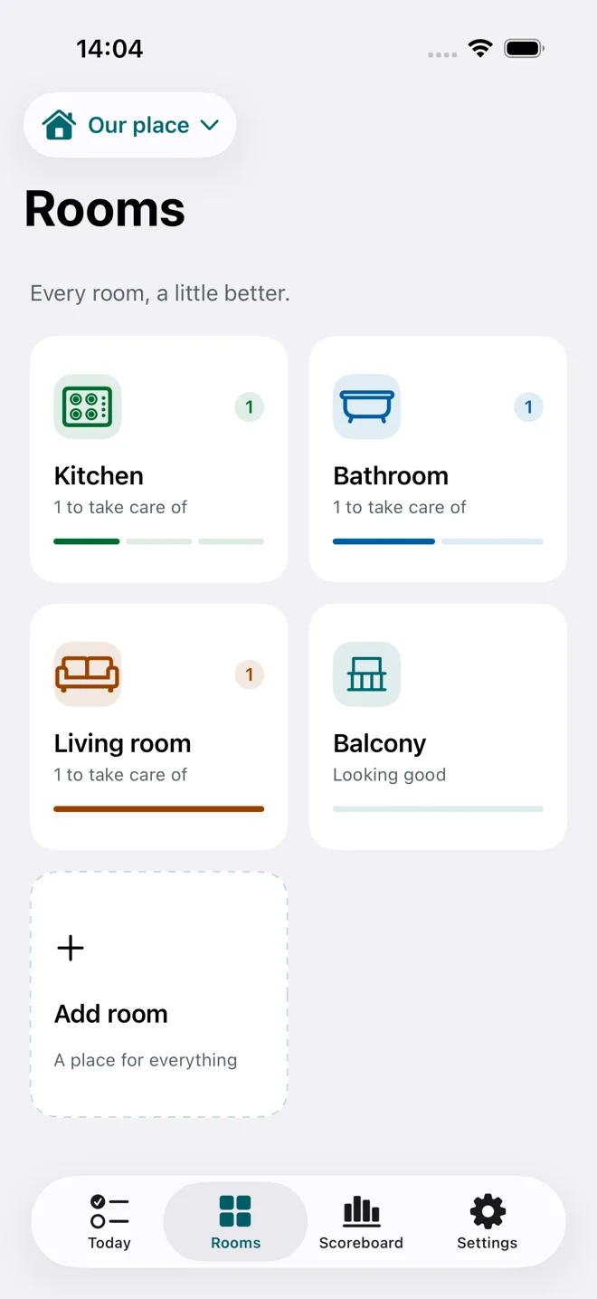 Chore Team Rooms screen showing a demo kitchen, bathroom, living room, and balcony