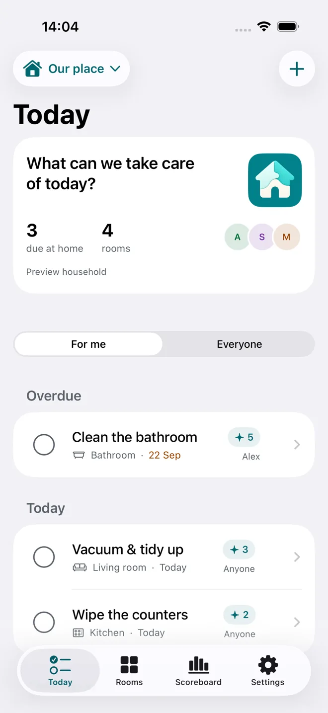 Chore Team Today screen with an example household, due chores, rooms, and shared profiles